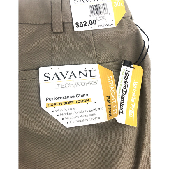 Savane Men's Chino Pants 34 x 30 Flat Front Straight Fit Khaki Dress Pants NEW - Picture 10 of 10
